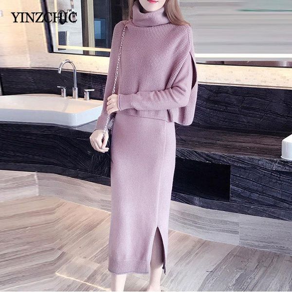 

two piece dress winter woman knitted suits turtleneck vest + mid sets women casual warm knit two-pieces for, White