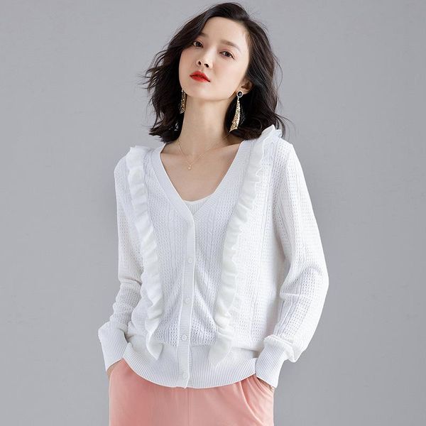 

knitted cardigan 21 spring and summer long sleeve ice silk hollow small coat lotus leaf lady shawl women's jackets, Black;brown