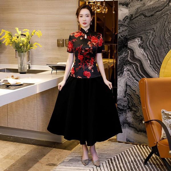 

ethnic clothing vintage oriental women qipao sets 2pcs vestidos improved elegant chinese dresses floral printed mandarin collar cheongsams g, Red