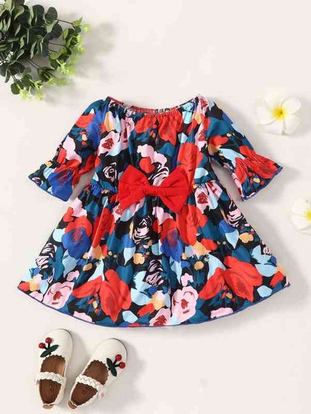 

baby floral print bow front flounce sleeve dress she, Red;yellow