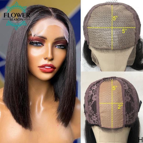 

5x5 silk fake scalp bob wig lace front human hair wigs with short straight closure pre plucked remy brazilian flowerseao1, Black;brown
