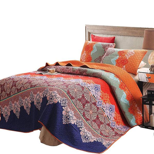 

bedding sets brushed quilted quilt stitching bed cover three-piece linen bohemian washed household