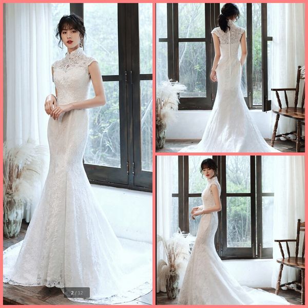 

latest style mermaid muslim wedding dresses cap sleeve high neckline with vintage bride dress dubai arabic modest women court train bridal g, White