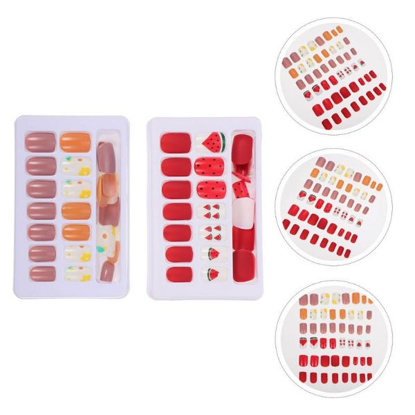 

false nails 48pcs wearable manicure patches decorative fake finished nail decals, Red;gold