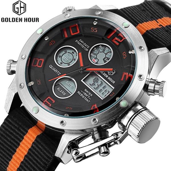 

wristwatches goldenhour brand watch men quartz 3d army date clock man nylon black fashion swimming waterproof sport wristwatch, Slivery;brown