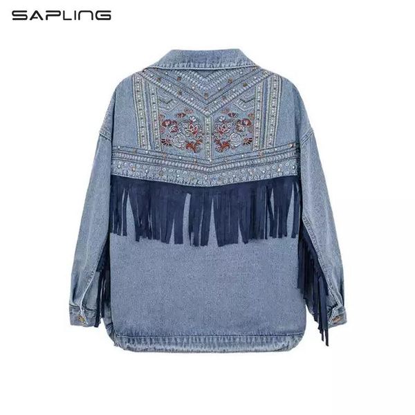 

women's jackets fashion denim rivet embroidered jacket women tassel patch plus size jean female oversized jeans outerwear, Black;brown
