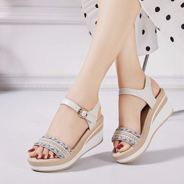 

sandals bohemian style slope heel thick-soled women students summer buckle fashion non-slip roman tide, Black