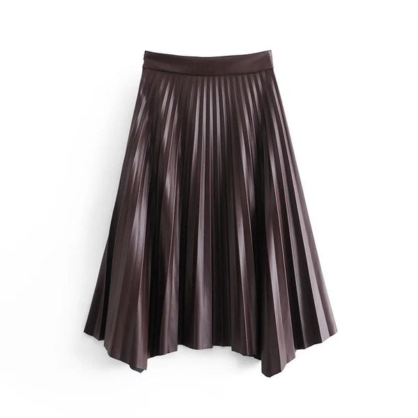 

skirts solid fashionable asymmetry midi skirt high waist spring pu leather pleated, Black