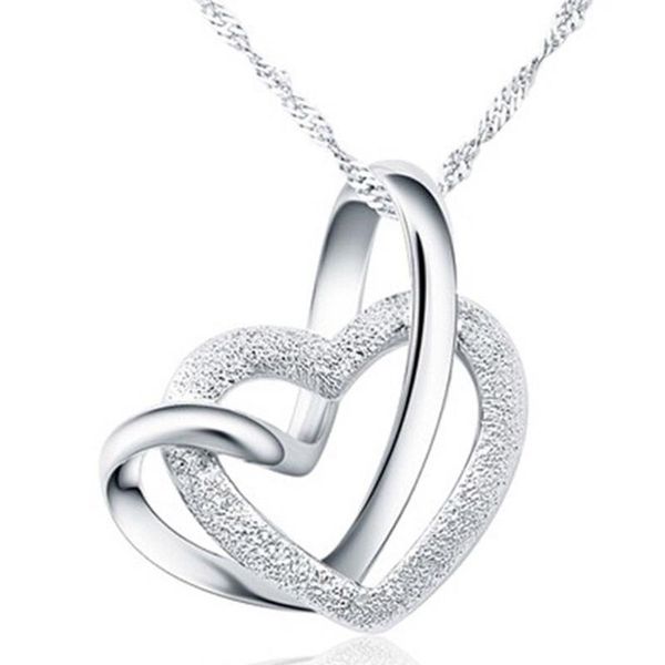 

silver plated double heart pendant necklace collarbone elegant lady necklaces