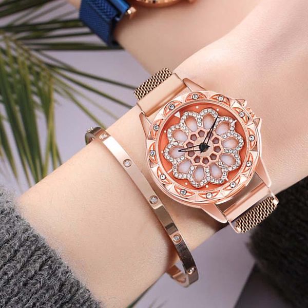 

wj-8052 fashion flower rotating dial mesh steel strap women quartz watch female clock magnet ladies watches orologio da donna wristwatches, Slivery;brown