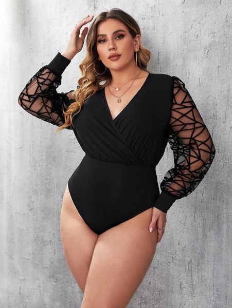 

plus surplice neck contrast geo mesh bodysuit d55i#, Black
