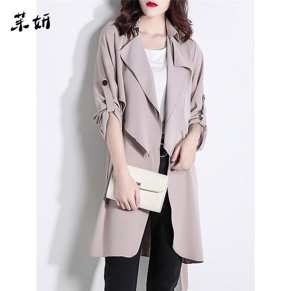 

women's trench coats casual chiffon loose women spring coat 2021 roll-up sleeve windbreaker long summer jaqueta feminina thin drape f48, Tan;black