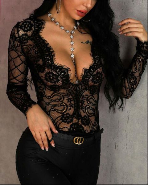 

bodysuit lace bodycon women romper long sleeve leotard mesh gothic club party wear s xl, Black;white