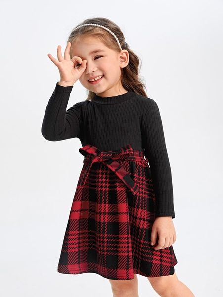 

toddler girls plaid panel belted dress she, Red;yellow