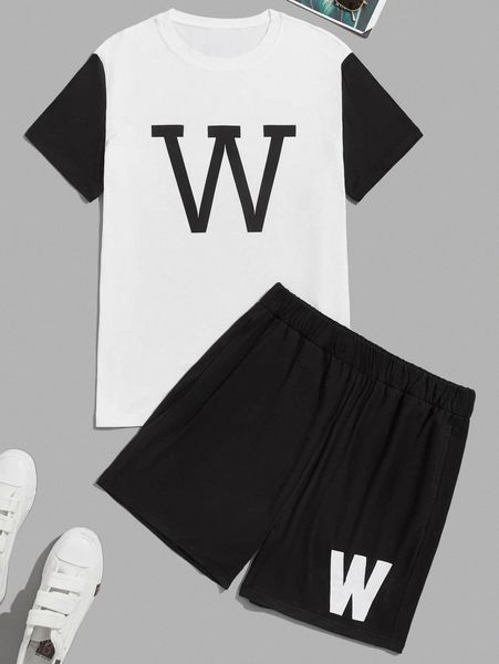 

men color block letter graphic tee & track shorts r86s#, Gray
