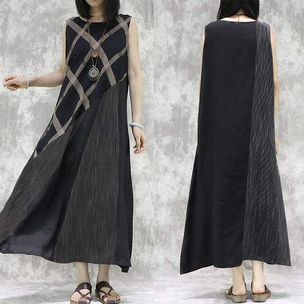 

casual dresses zanzea women's summer sundress kaftan patchwork robe femme sleeveless tank vestidos female striped maxi dress plus size, Black;gray