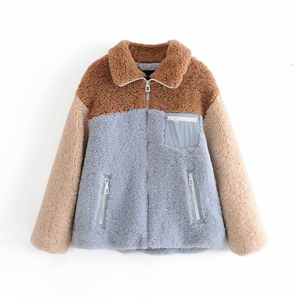 

women's jackets streetwear women patchwork grain cashmere jacket fashion ladiesturn down collar coats causal female chic zipper ou, Black;brown