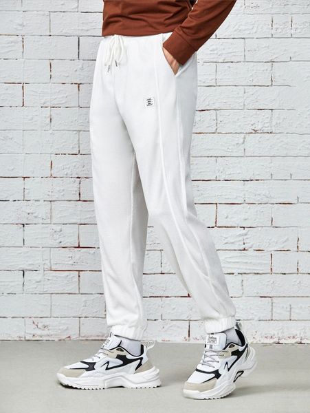 

men drawstring waist patched detail sweatpants 8573#, Black