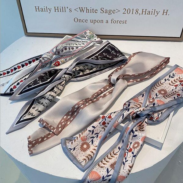 

thin narrow long silk scarf women's spring and autumn binding bag silk ribbon korean small scarf hair long ribbon hair band, Slivery;white