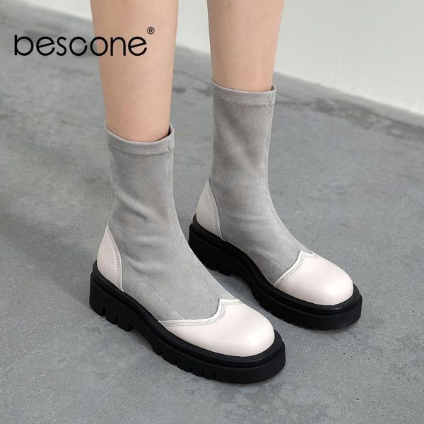 

boots bescone concise style mid-calf woman genuine leather sock design ladies patchwork height increasing bo707, Black