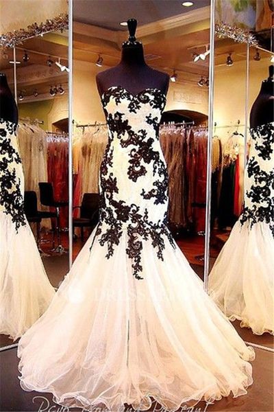 

vintage sweetheart black lace appliques mermaid wedding dresses strapless sleeveless long tulle bridal gowns back lace-up plus size bride we, White