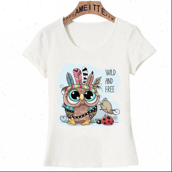 

women t shirts cute tribal owl and bird with feathers print shirt summer fashion girl casual tees woman cartoon, White