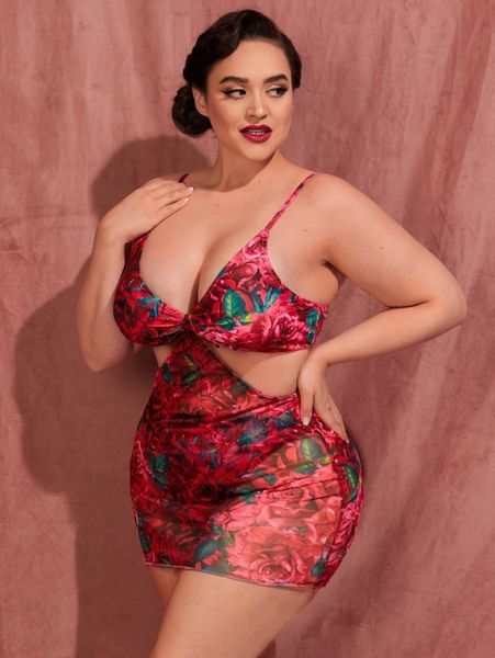 

plus allover floral print cut-out bikini swimsuit q7bt#, Black