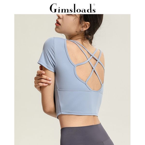 

short sports short sleeve t-shirt women's running cross back yoga vest with bra fitness top, Gray