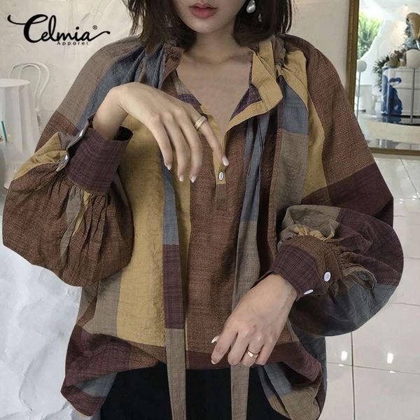 

celmia women lantern sleeve plaid shirts fashion bow tie blouse 2021 autumn casual elegant office plus size ol blusas mujer women's bl, White