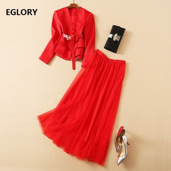 

skirts fashion clothing sets spring blazer suit women v-neck single breasted red coat jacket+ tulle mesh red skirt set, Black