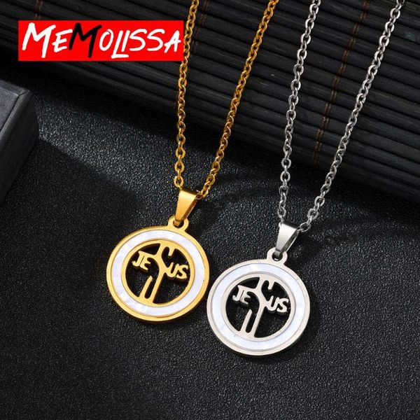 

pendant necklaces gold shell jesus cross necklace stainless steel round design for gift, Silver
