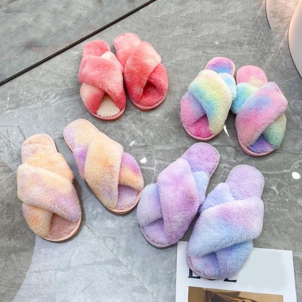 

rainbow colored winter women house slippers faux fur fashion warm shoes woman slip on flats female slides furry home, Black