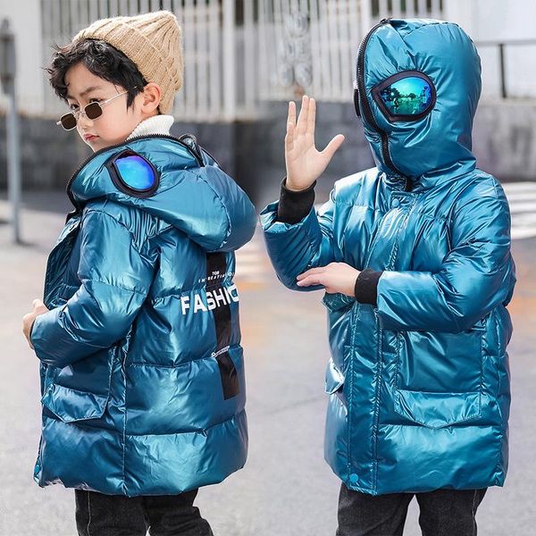 

down coat kids winter jacket for boy children's outerwear fashion thick long coats girls hooded snowsuit children glasses overcoat park, Blue;gray