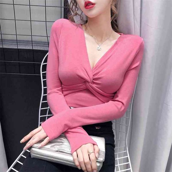 

spring autumn women's solid color twisted v-neck long-sleeved koreanstyle slimming female bottoming gx223 210507, White