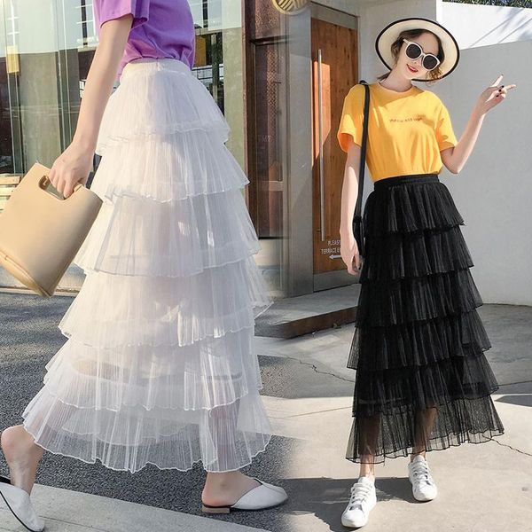 

tingyili layered tulle skirt spring summer black white beige blue korean style elegant ladies girls long skirts