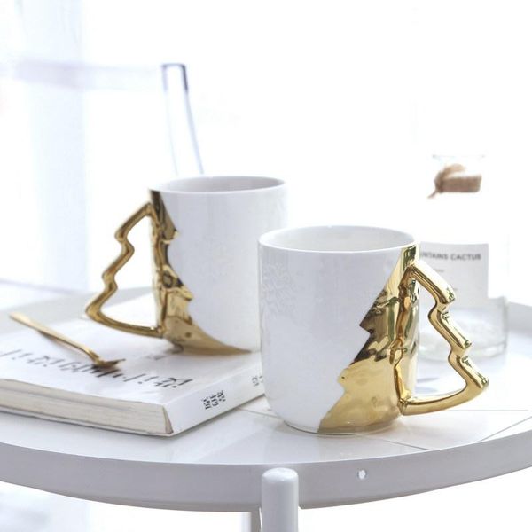 

mugs creative gold and white porcelain christmas tree ceramic embossed snowflake cup for coffee tea milk water cute housewarming gift