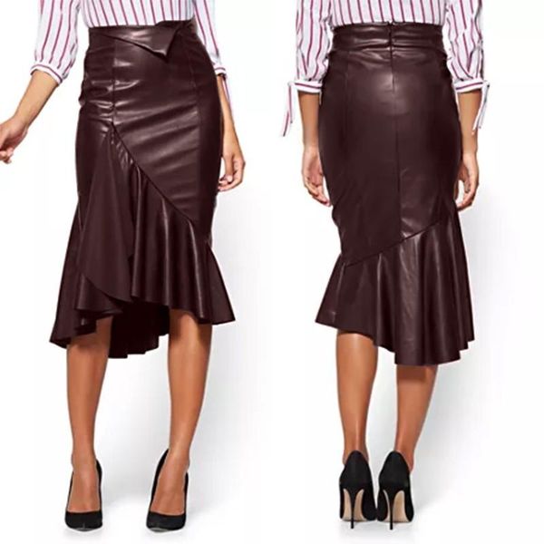 

skirts stylish pu leather ruffle women's spring sundress 2021 zanzea casual asymmetrical female high waist robe plus size, Black