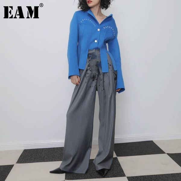 

women's pants & capris [eam] high waist gray print split long wide leg trousers loose fit women fashion tide spring autumn 2021 1n317, Black;white