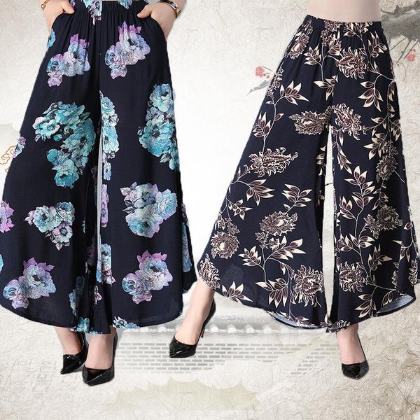 

women's pants & capris 2021 arrival summer style mother culottes xxxl print flowers plus size high waist pockets wide leg, Black;white