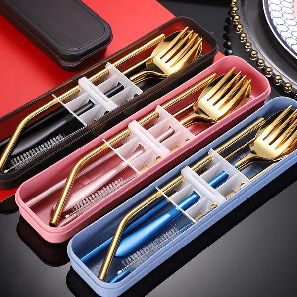 

dinnerware sets 5pcs gold silver spoon chopsticks fork straw brush stainless steel cutlery set reusable kitchen bar utensils portable