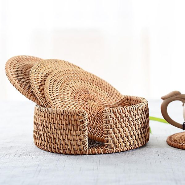 

mats & pads 6pcs woven rattan coasters placemats handcrafted heat-insulating coffee drink cup mat pad with storage holder for home decor