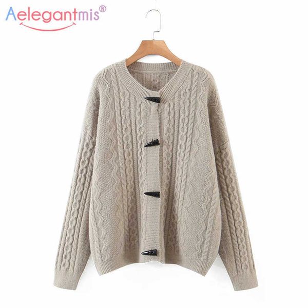 

aelegantmis twist oversized knitted sweater cardigan women loose cozy horn button korean coats casual warm elegant soft jumpers 210607, White