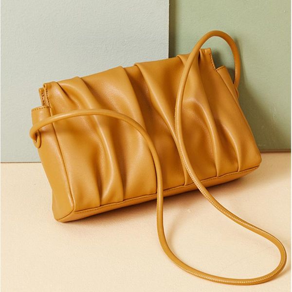 

casual small women bag fashion folds leather women's messenger bags string open genuine ruched shoulder for girls cross body