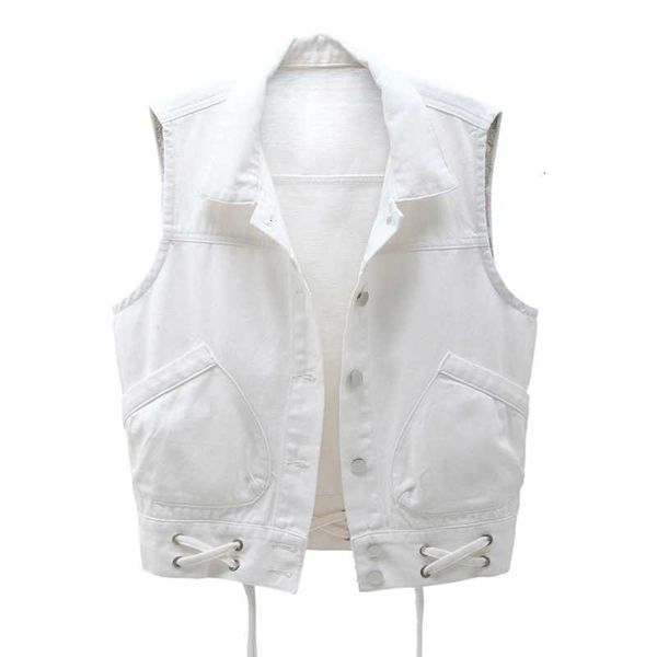 

women's vests summer denim vest short fashion lace up big pocket sleeveless jacket plus size slim waistcoat g218 jy5r, Black;white