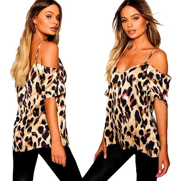 

summer casaul women's blouses cold shoulder backless v-neck leopard print blusa ladies holiday short sleeve blouse, White