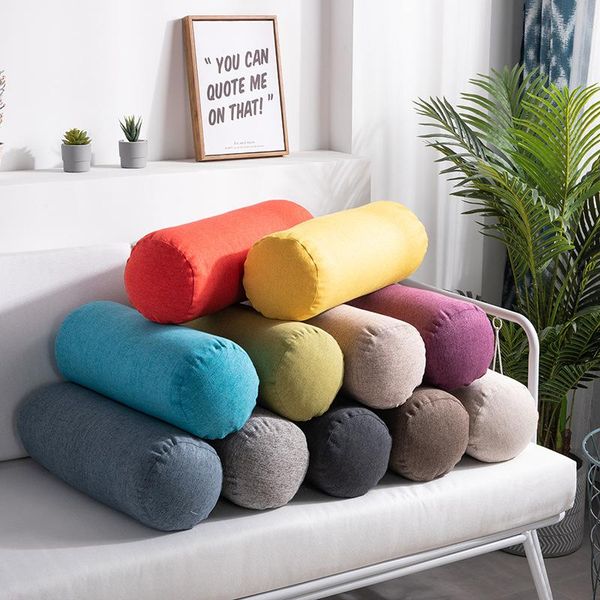 

pillow solid color linen home office cylinder waist backrest cushion for sofa chair couch bench bed throw pillows removable
