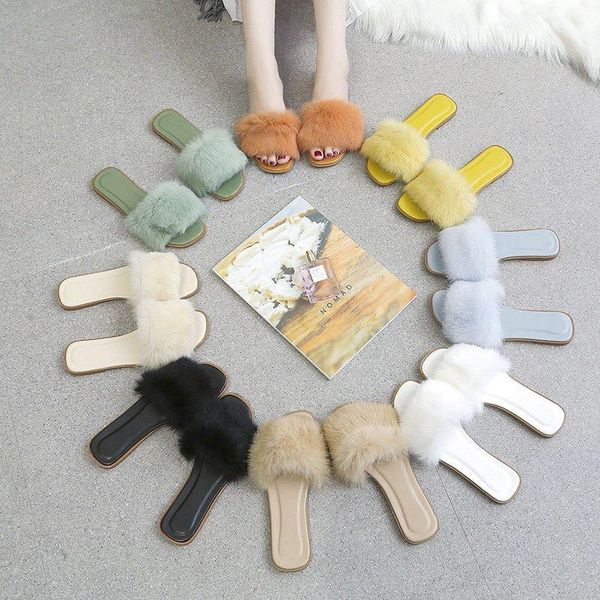 

summer women's slippers zapatos de mujer soft hair fashion beach slipper flat shoes women slides plus size flip flops open toe, Black