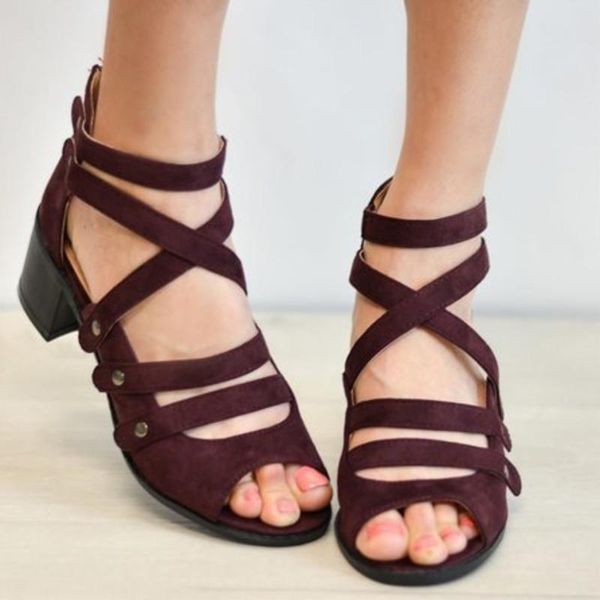 

thick heel gladiator sandals women casual suede zip cover 2021 summer lady shoes plus size 43, Black