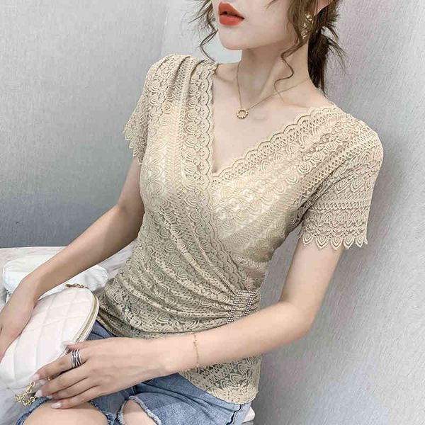 

5xl women lace new arrivals 2021 summer short sleeve v-neck women blouse shirt hollow out lace plus size blusas, White