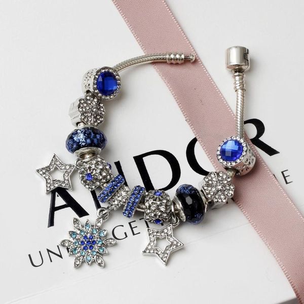 

charm bracelets fit pandoras 925 silver blue star snowflake crystal pendant bracelet diy jewelry beads cat eye for holiday gifts, Golden;silver